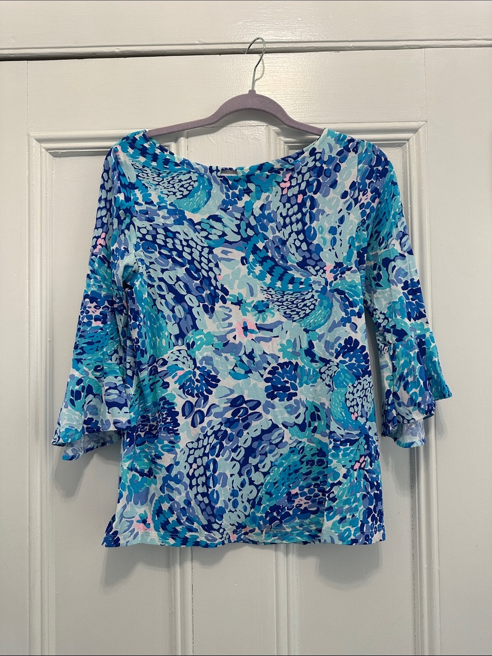 Lilly Pulitzer Blue Multicolor Swirl Print Boatneck Top